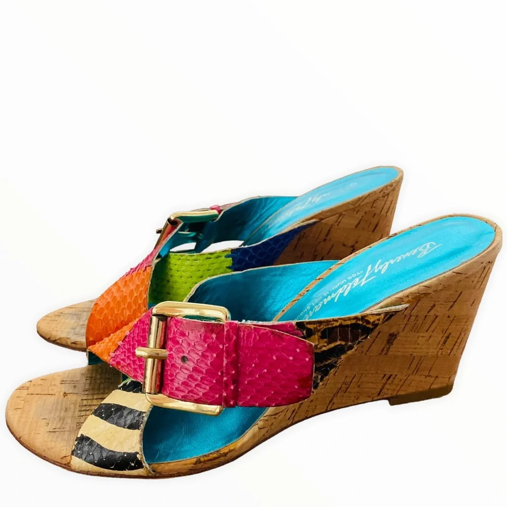 Beverly Feldman 80’s Karena Mixed Print Colorful Belted Cork Wedges‎ Size 7